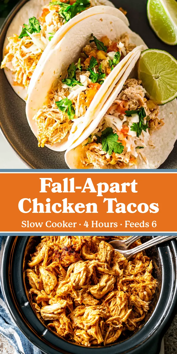 Crockpot Chicken Tacos pin A vertically split graphic. The top half shows three assembled shredded chicken tacos with cheese and cilantro. The middle is an orange banner with white text reading "Fall-Apart Chicken Tacos. Slow Cooker • 4 Hours • Feeds 6." The bottom half shows seasoned, shredded chicken inside a slow cooker with two forks.
