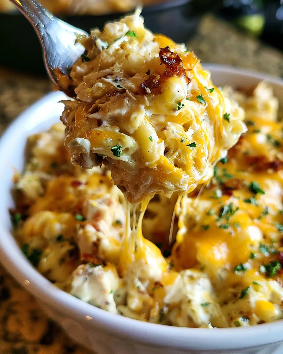 Creamy baked mac and cheese with melted cheddar and parsley, fork lifting a cheesy portion, golden brown top.