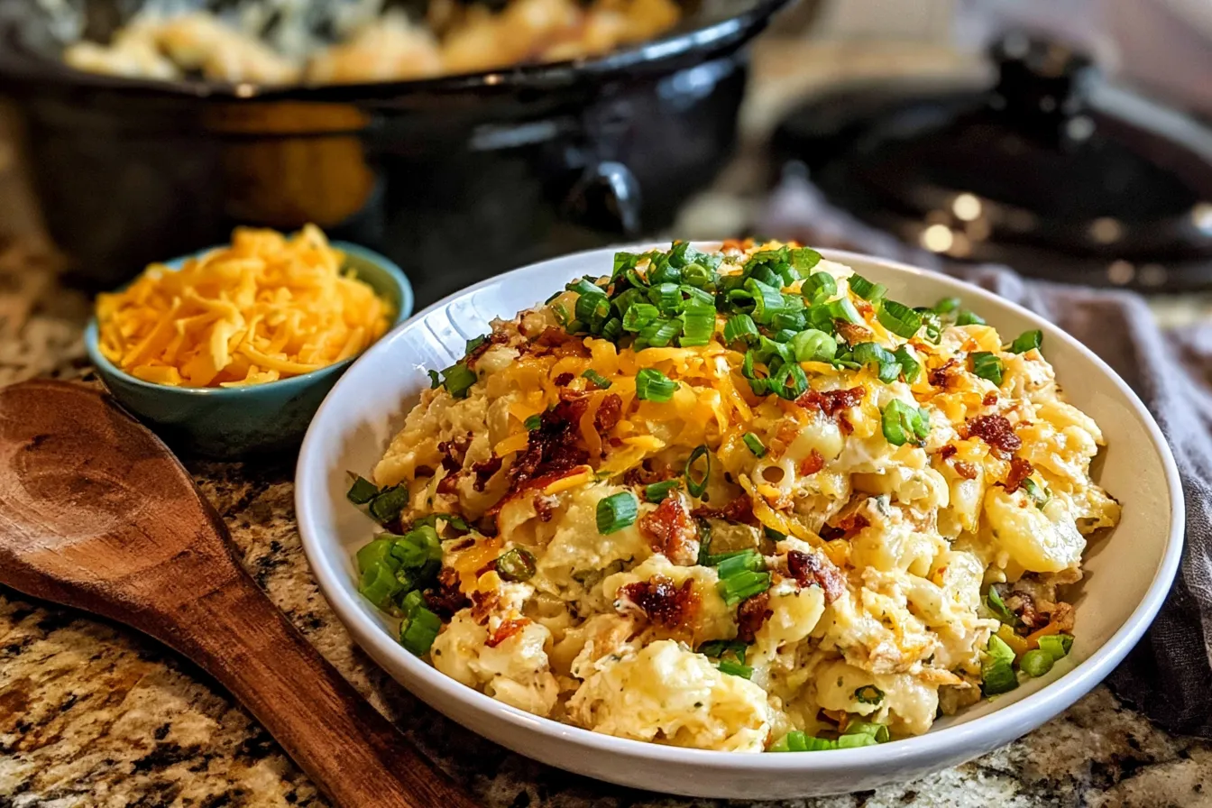 Creamy baked macaroni with cheese, green onions, and bacon, garnished, served in a white bowl on granite countertop.
