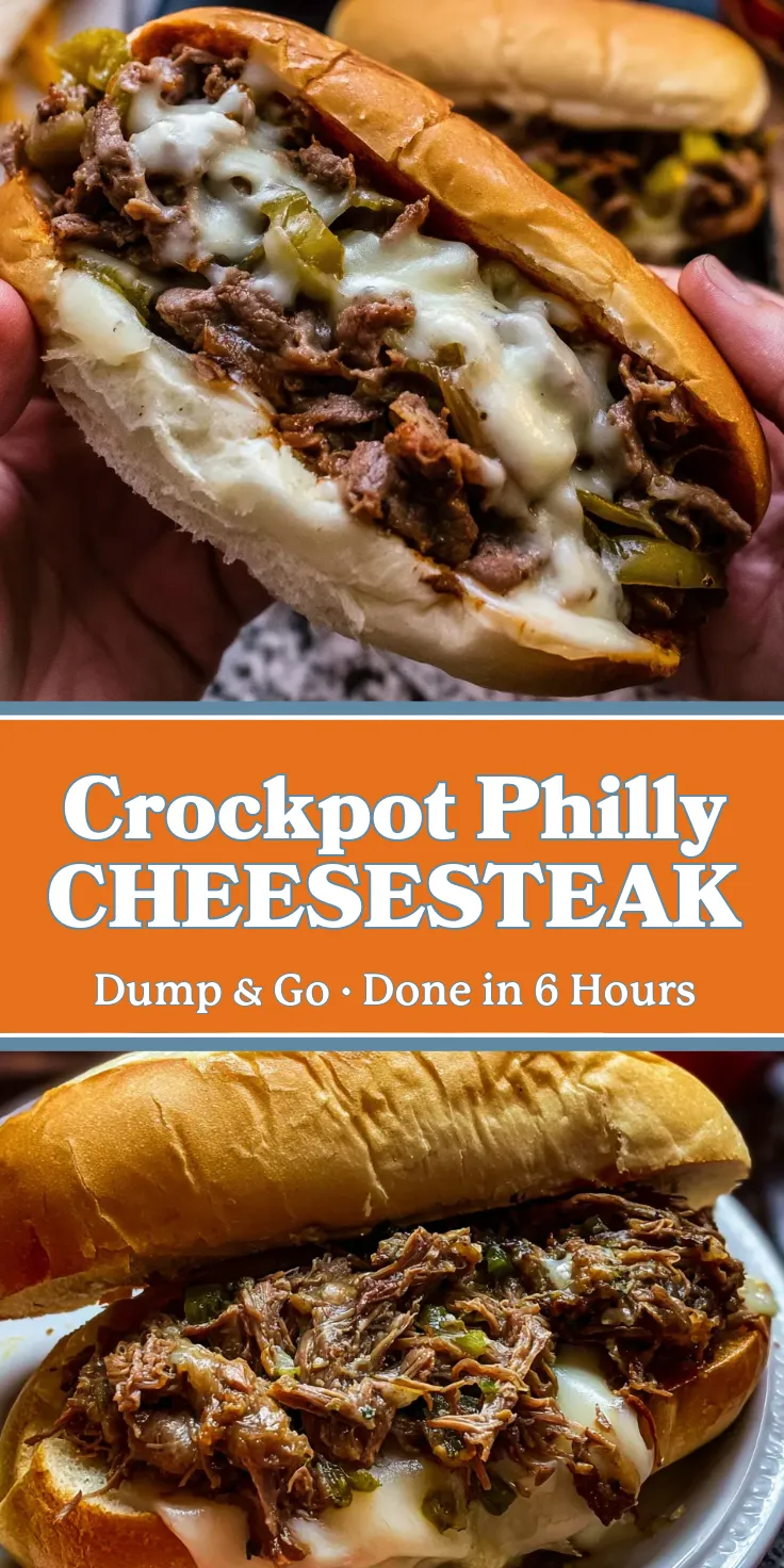 A vertical collage featuring two photos of loaded Philly cheesesteak sandwiches with shredded beef, green peppers, and melted cheese. In the center is an orange banner with white text that reads "Crockpot Philly CHEESESTEAK. Dump & Go • Done in 6 Hours."