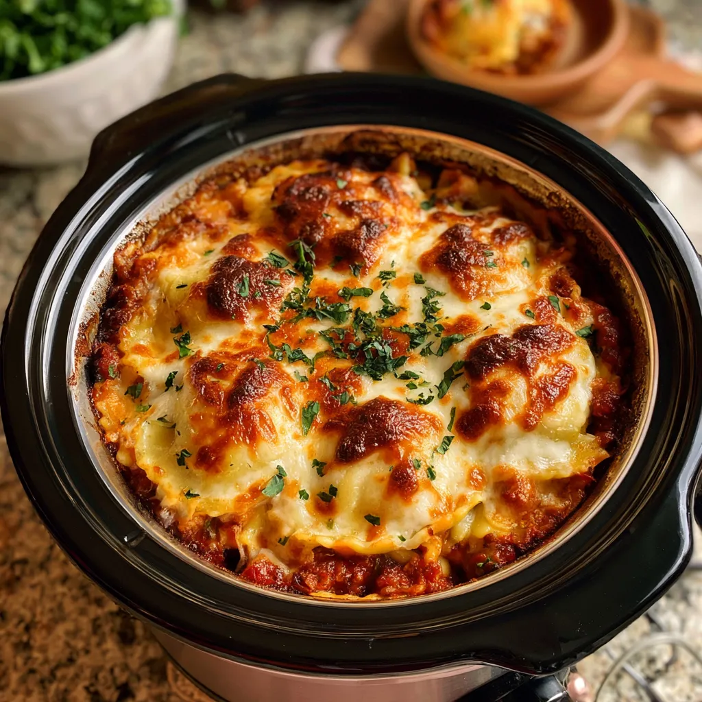 Cheesy lasagna with layers of pasta, meat sauce, and melted cheese, cooked in a slow cooker.