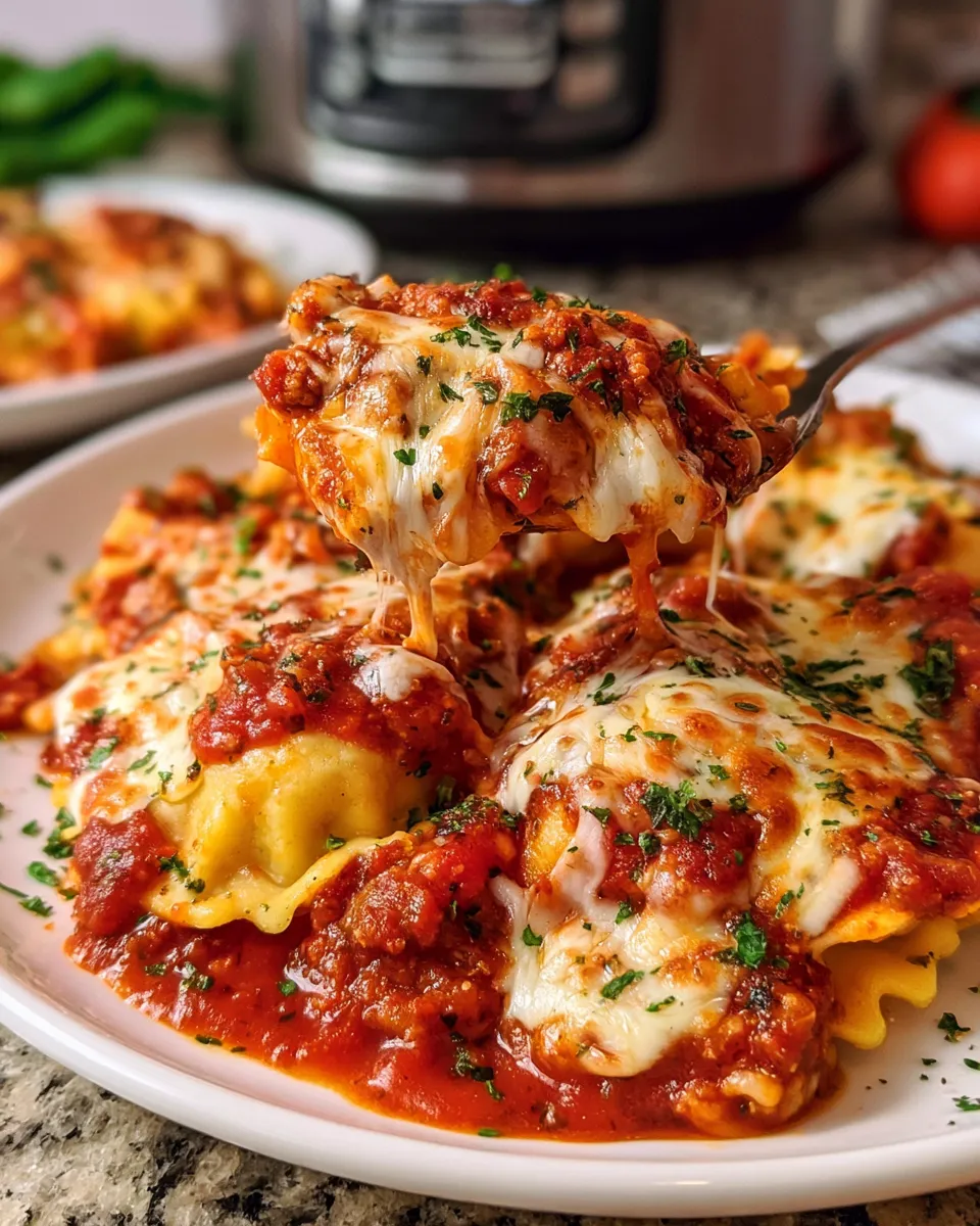 Cheesy ravioli topped with marinara sauce and parsley, served on a white plate, looking inviting and savory.