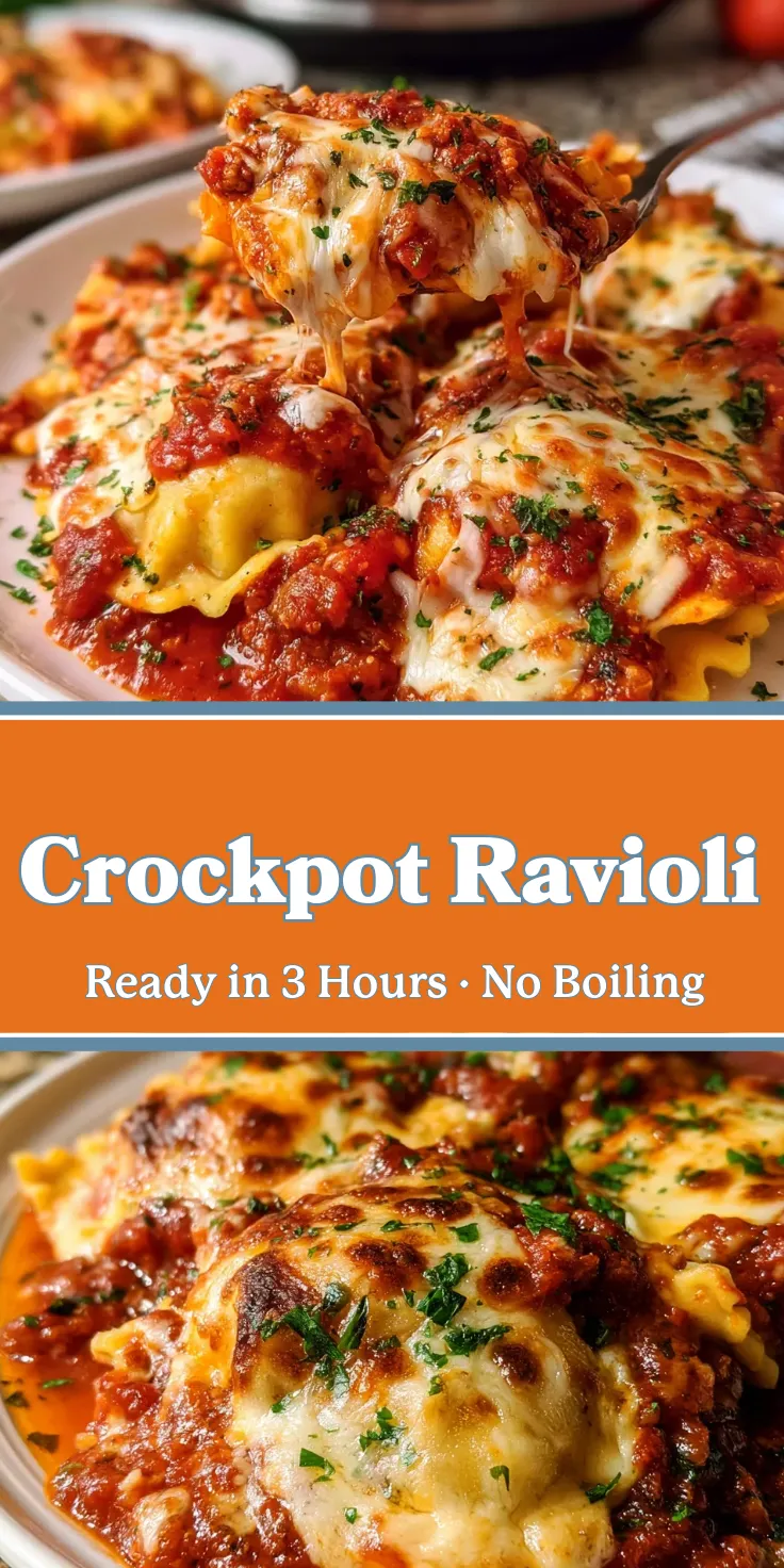 Cheesy crockpot ravioli with marinara sauce, topped with melted cheese and chopped parsley, served on a plate.