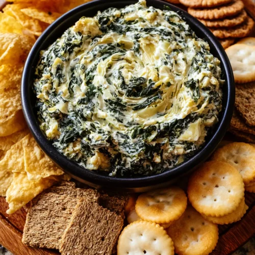 Overhead view of a black serving bowl filled with creamy, swirled spinach artichoke dip, centered on a round wooden tray and surrounded by an assortment of tortilla chips, round butter crackers, and woven wheat crackers.