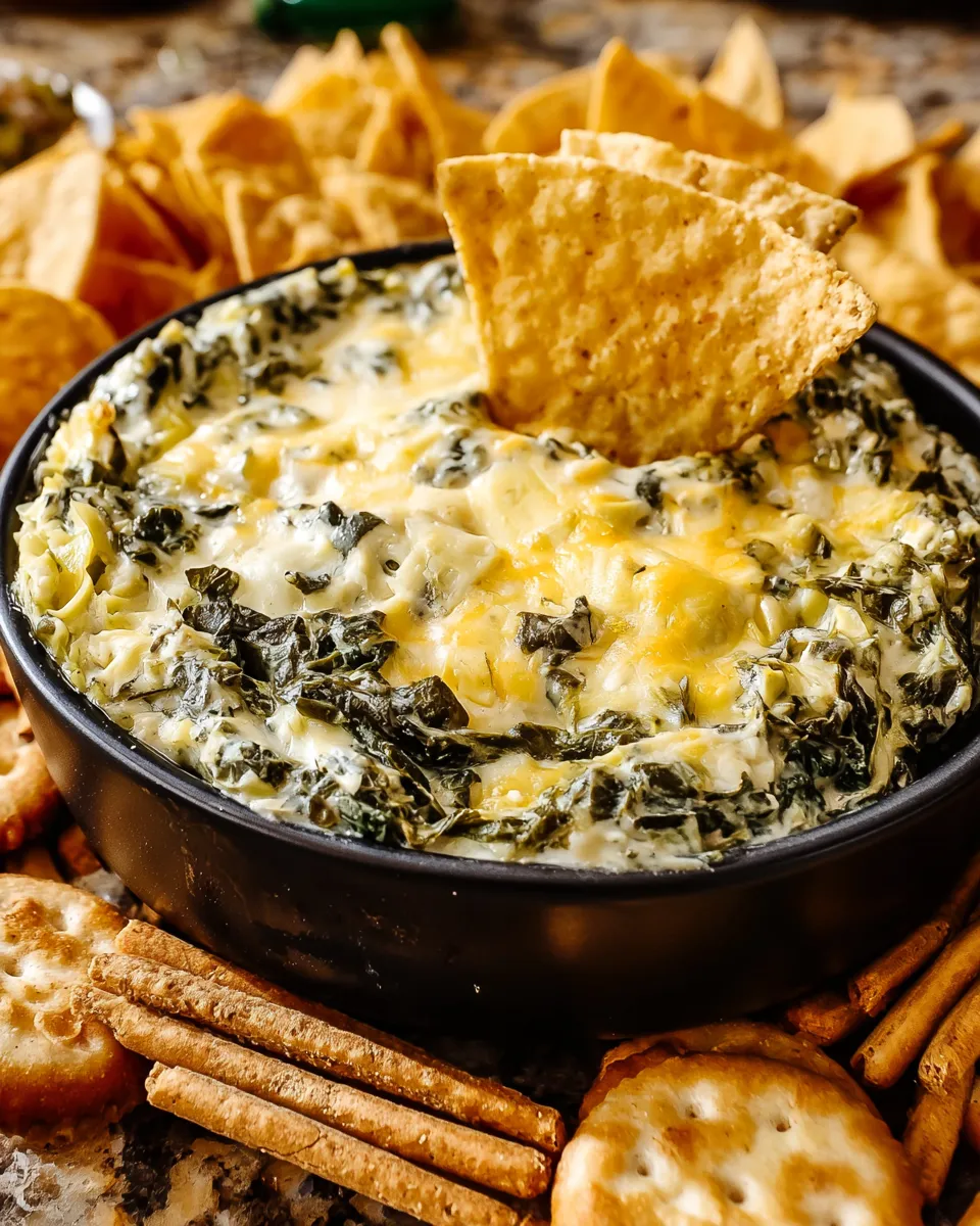 Crockpot Spinach Artichoke Dip_2 Close-up view of a black serving bowl filled with hot, cheesy spinach artichoke dip, with two tortilla chips dipped directly into the center, surrounded by an assortment of pretzel sticks, round crackers, and more tortilla chips.