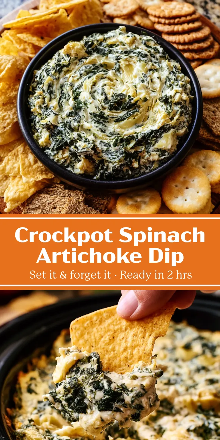 Crockpot Spinach Artichoke Dip pin A vertical three-part graphic: the top shows an overhead view of a bowl of spinach artichoke dip surrounded by chips and crackers; the middle is an orange banner reading "Crockpot Spinach Artichoke Dip. Set it & forget it • Ready in 2 hrs"; the bottom is a close-up of a hand scooping the creamy dip with a tortilla chip.