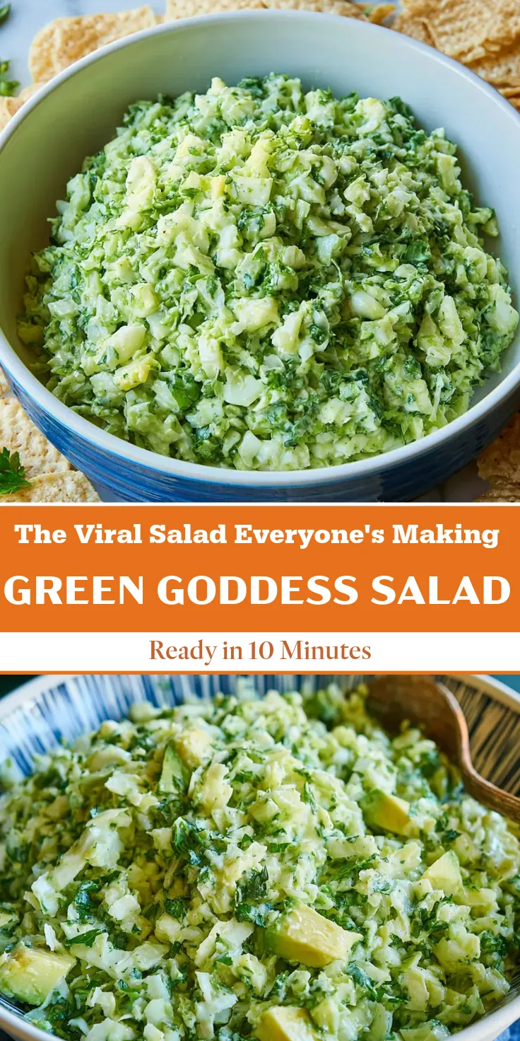 Green Goddess Salad Recipe – Ready in 10 Minutes pin A promotional social media graphic split into three sections. The top image shows a blue bowl of finely chopped green salad surrounded by tortilla chips. The middle features an orange banner with white text that reads "The Viral Salad Everyone's Making: GREEN GODDESS SALAD" and a white banner below it stating "Ready in 10 Minutes". The bottom image is a close-up of the mixed green salad with visible avocado chunks and a wooden spoon.