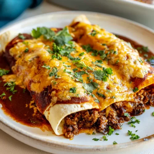Two ground beef enchiladas wrapped in flour tortillas, generously coated in red sauce and melted cheese, and garnished with fresh cilantro on a white ceramic plate.