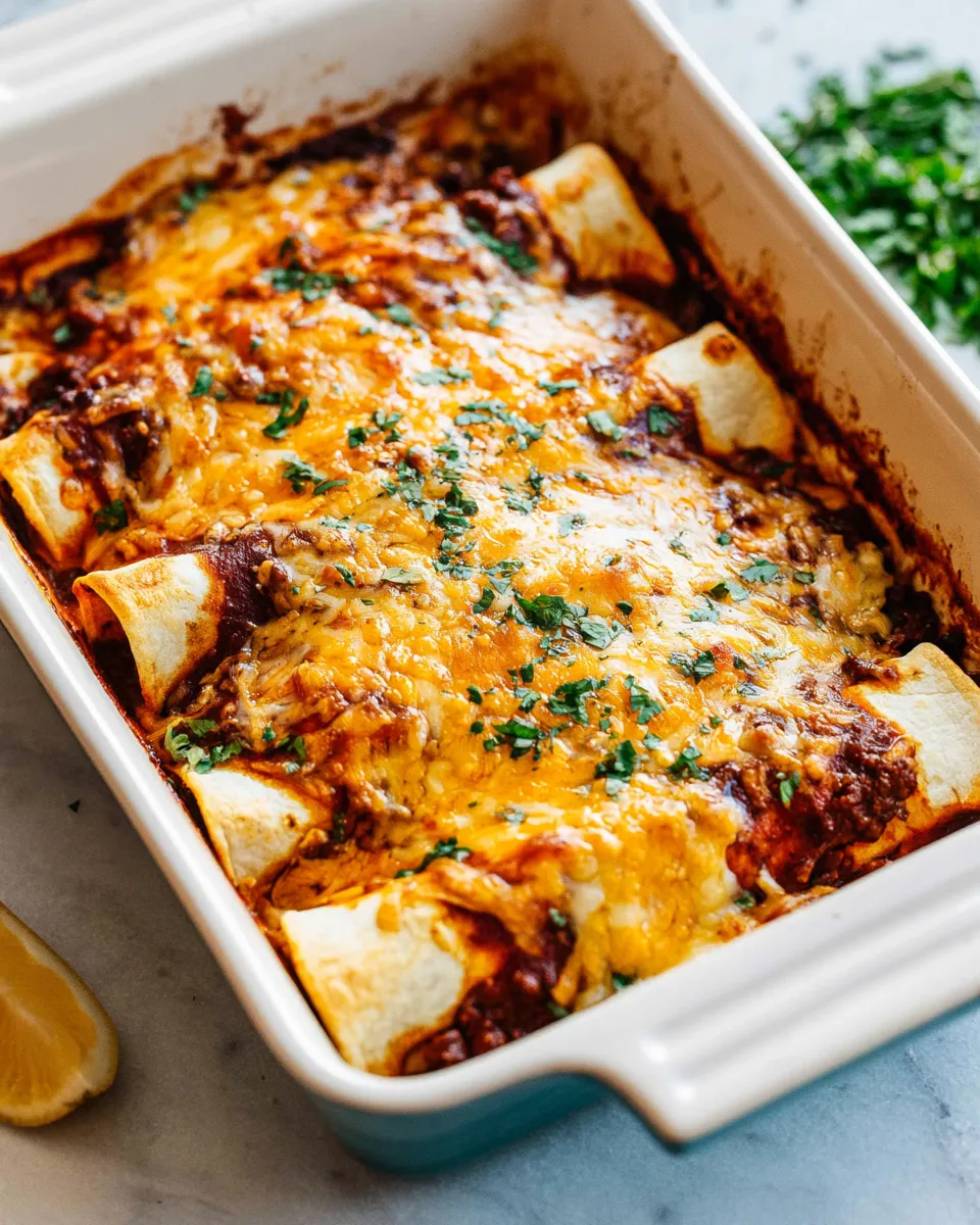 Two ground beef enchiladas wrapped in flour tortillas, generously coated in red sauce and melted cheese, and garnished with fresh cilantro on a white ceramic plate.