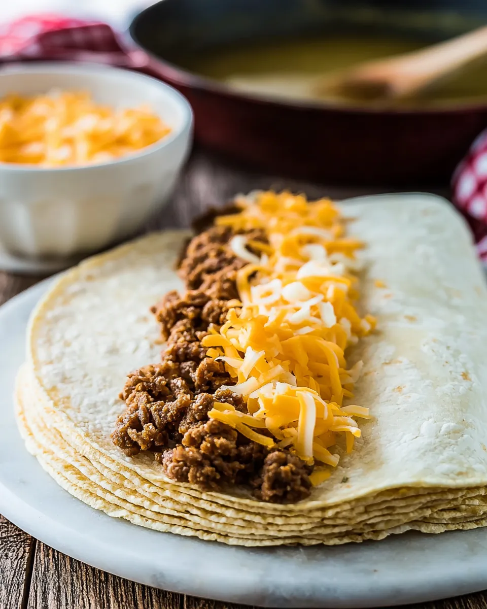 A stack of flour tortillas on a white plate, with the top tortilla open and filled down the center with a line of cooked ground beef and shredded two-tone cheese, ready to be rolled.