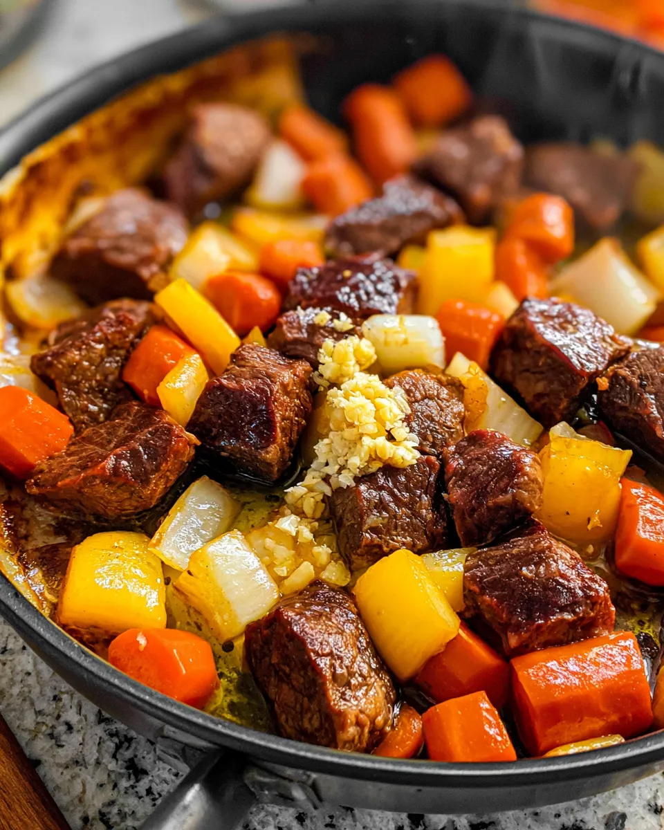 A close-up view of a black skillet filled with chunks of browned beef, thick-cut orange carrots, and chopped onions, with a small pile of minced garlic resting in the center.