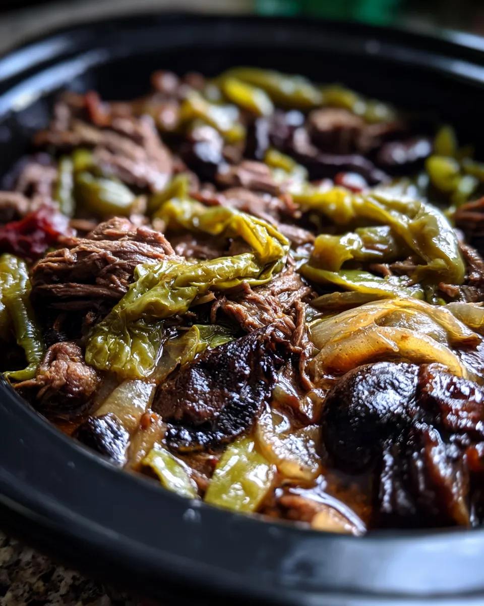 A close-up of a black slow cooker insert filled with a simmering mixture of shredded beef, sliced green bell peppers, translucent onions, and mushrooms in a dark, savory broth.