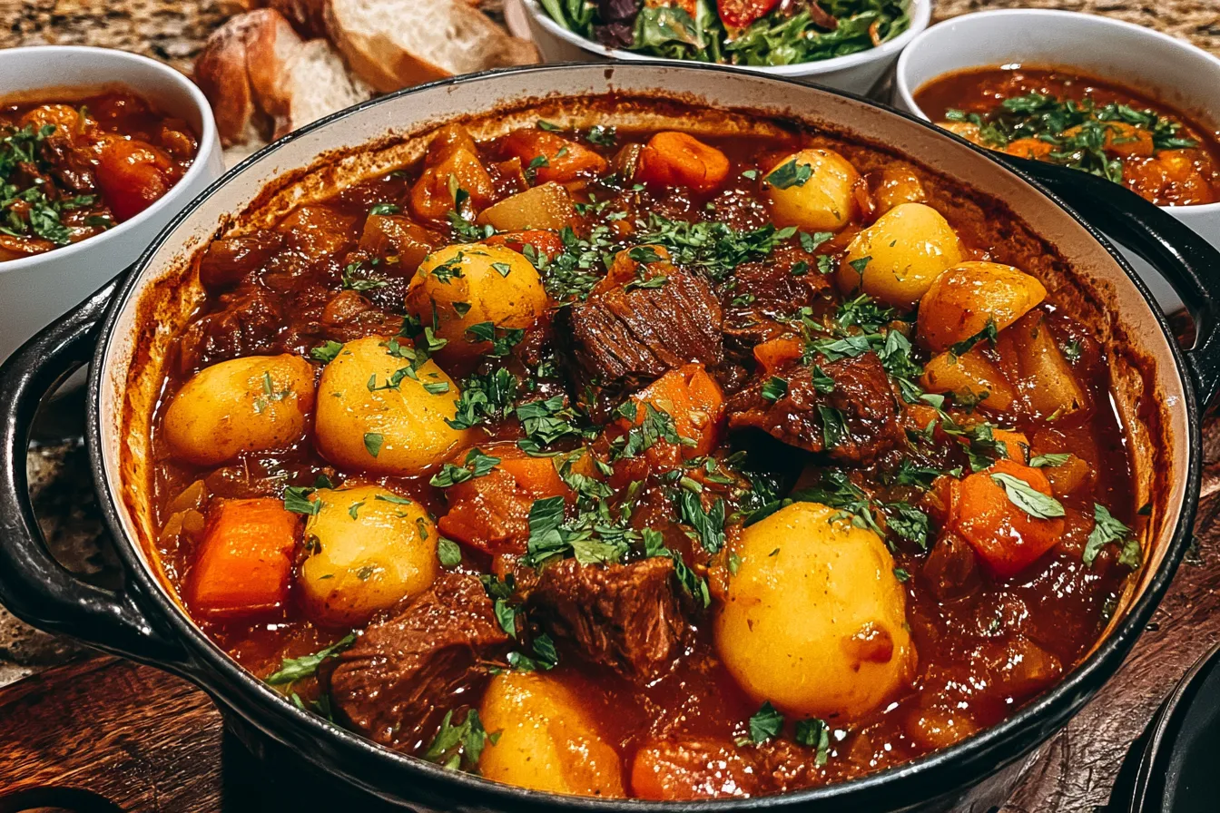 An overhead shot of a large, dark cast-iron pot filled with rich beef stew containing chunks of meat, whole golden potatoes, and carrots, garnished with chopped herbs. Two smaller bowls of stew, a green salad, and sliced bread are visible in the background.