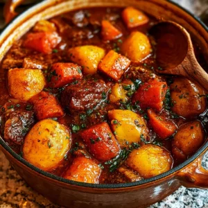 A close-up, overhead view of a dark pot filled with Homemade Beef Stew containing chunks of meat, golden potatoes, and bright orange carrots, garnished with fresh green herbs. Slices of crusty bread are visible on the left side.