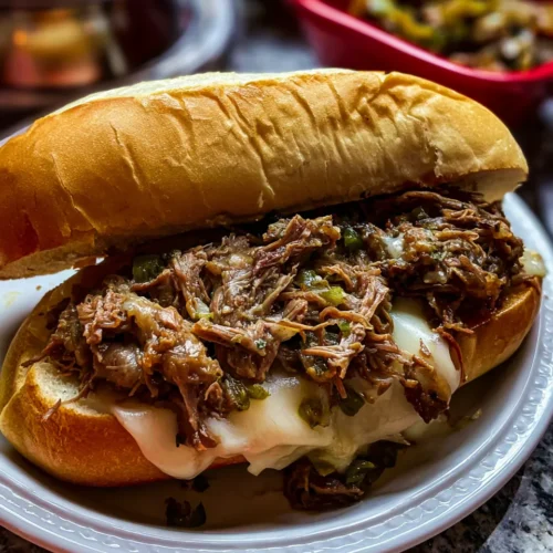 A close-up of a Crockpot Philly Cheesesteak sandwich served on a white plate. The split hoagie roll is generously filled with shredded beef, diced green peppers, and melted white cheese dripping down the sides.