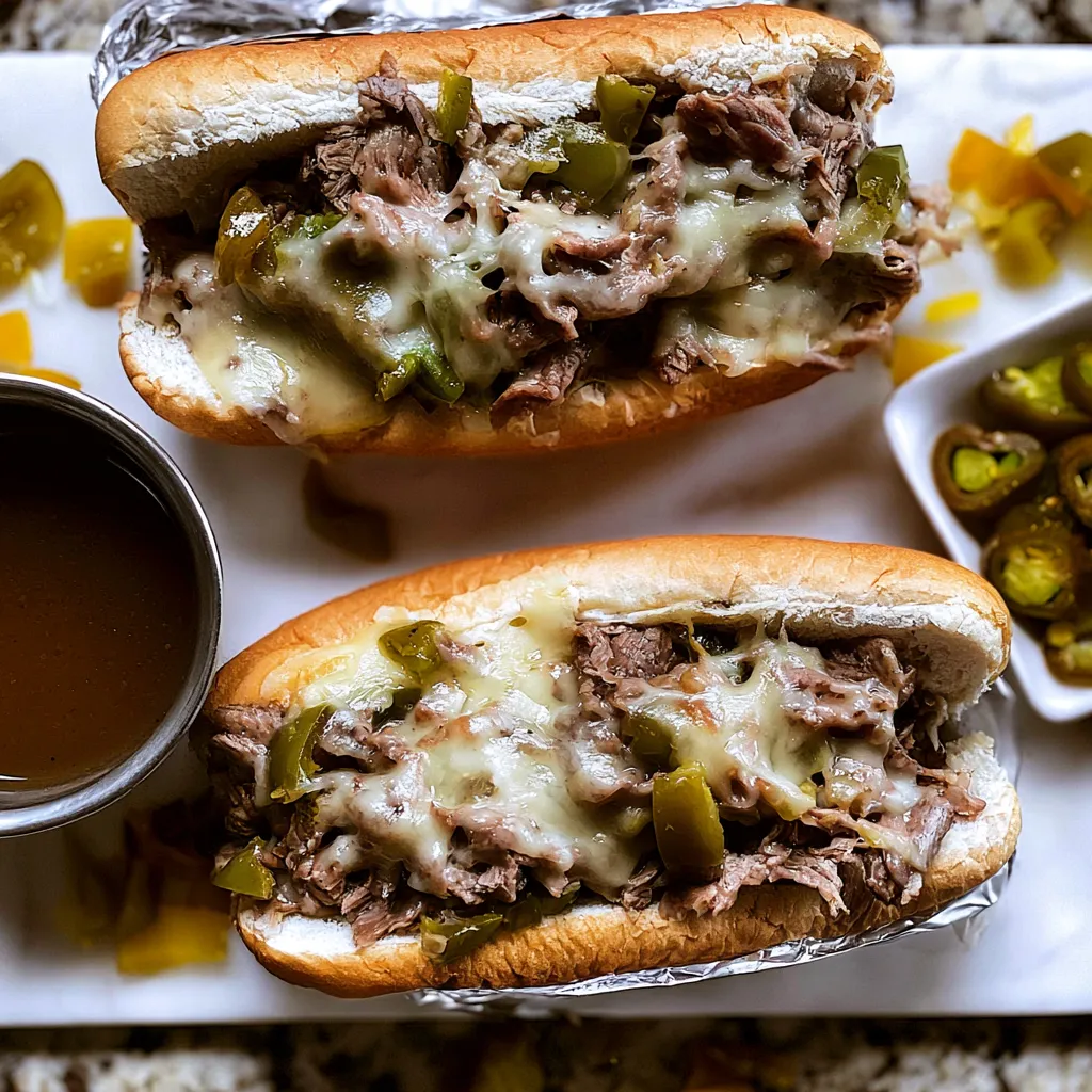 An overhead view of two Philly cheesesteak sandwiches on a white serving board. The split hoagie rolls are packed with shredded beef, green peppers, and melted white cheese. A small metal cup of dipping broth and a small dish of sliced jalapeños sit alongside them.