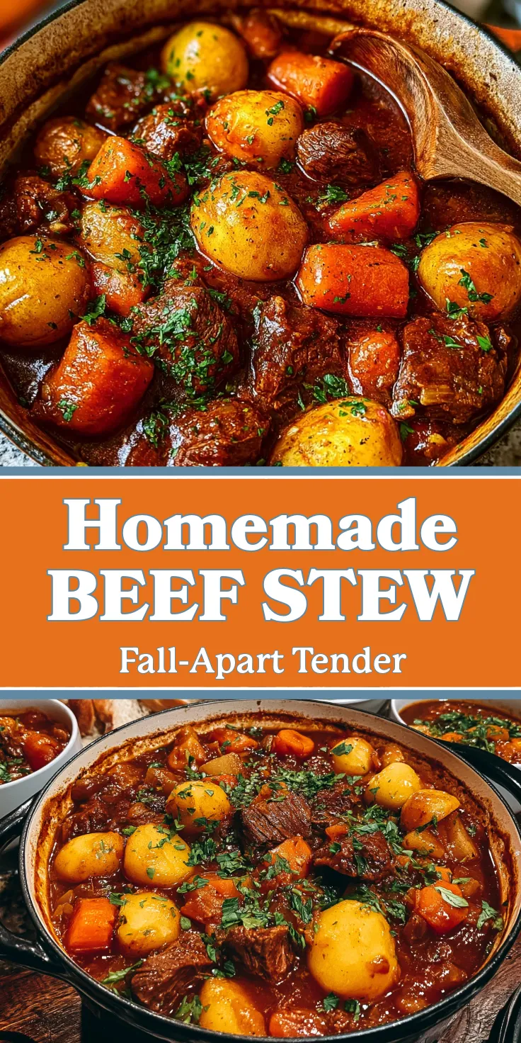 A vertical collage featuring two images of rich, dark beef stew with large potatoes and carrots in a pot, separated by a bright orange banner with the white text "Homemade BEEF STEW Fall-Apart Tender."