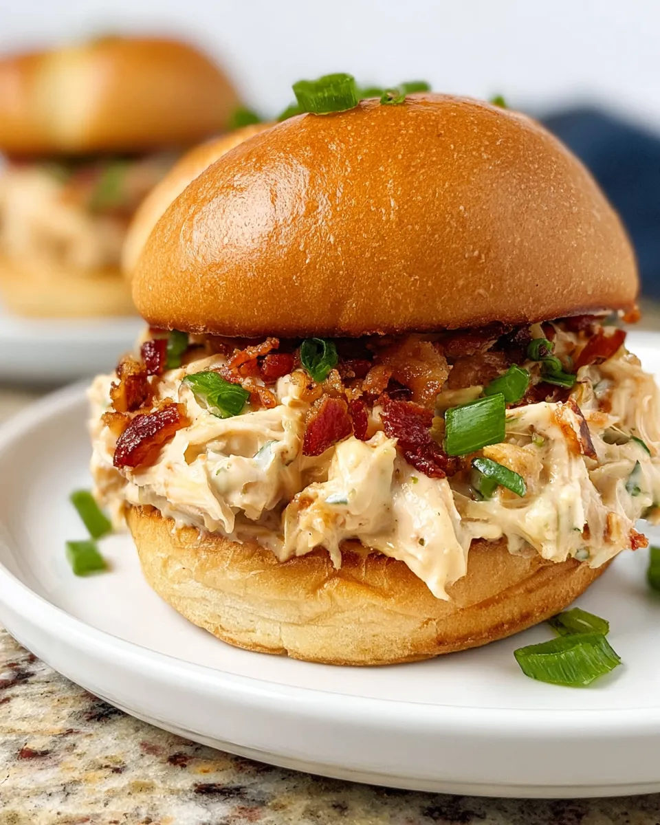 Instant Pot Crack Chicken_2 A close-up shot of a creamy shredded chicken sandwich on a toasted golden bun, topped with crumbled bacon and chopped green onions, resting on a white plate with scattered scallions.