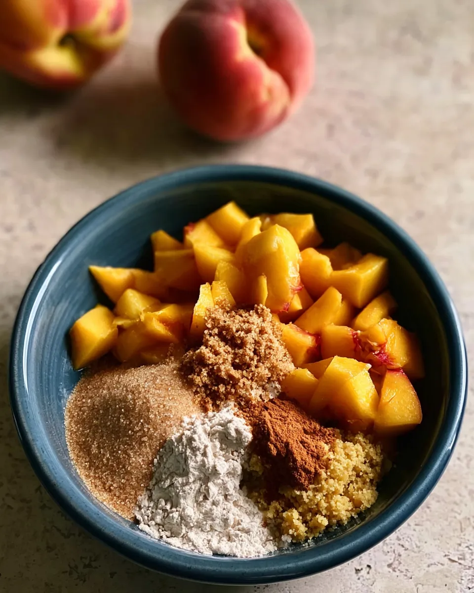 Chopped peaches with sugar, flour, and spices in a blue bowl, ready for dessert preparation