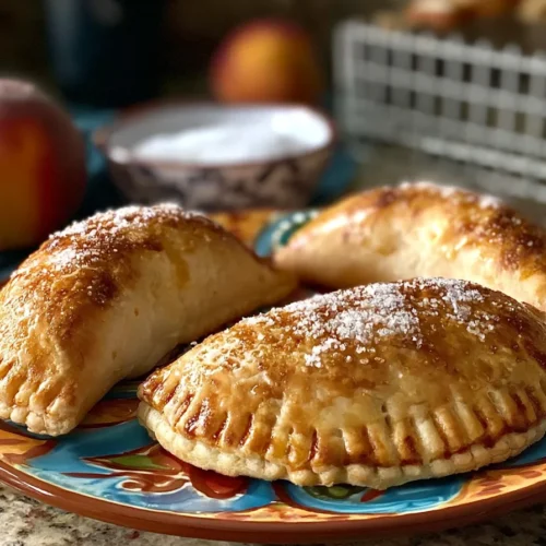 Baked peach empanadas with a golden crust, dusted with sugar, served on a decorative plate.