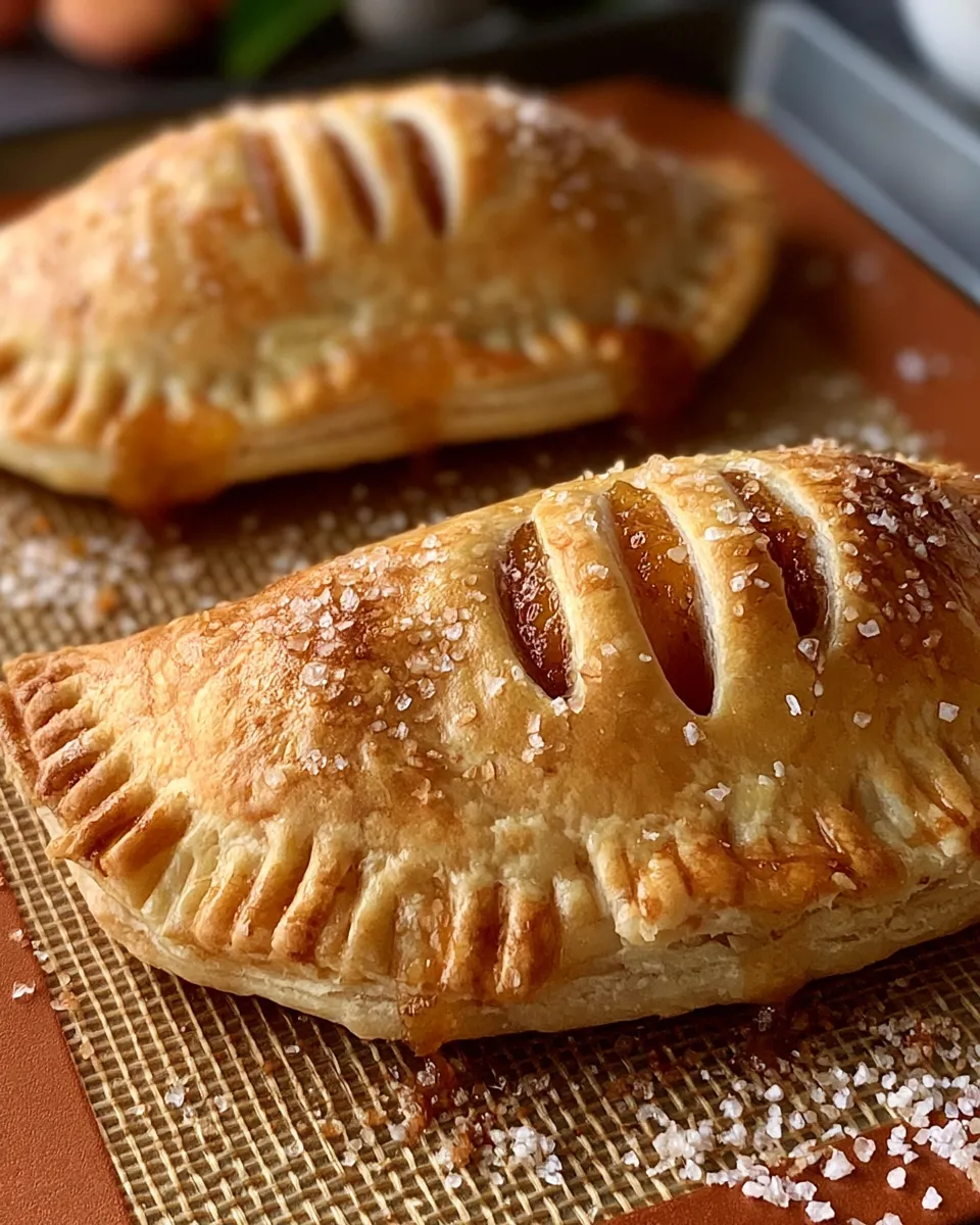 Golden-brown baked pastries filled with fruit, topped with coarse salt, showing slits on top for steam release.