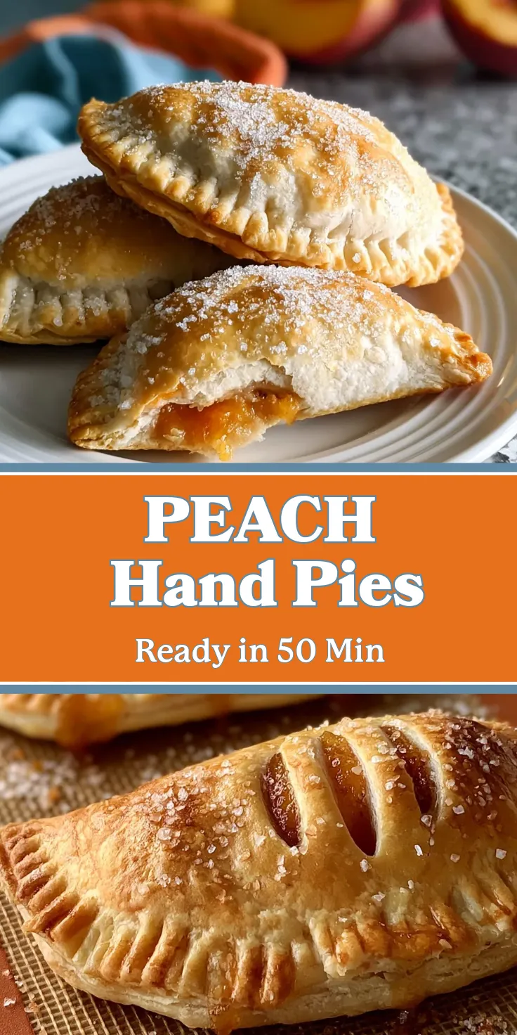 Golden-brown baked hand pies filled with peach filling, sprinkled with sugar, served on a white plate