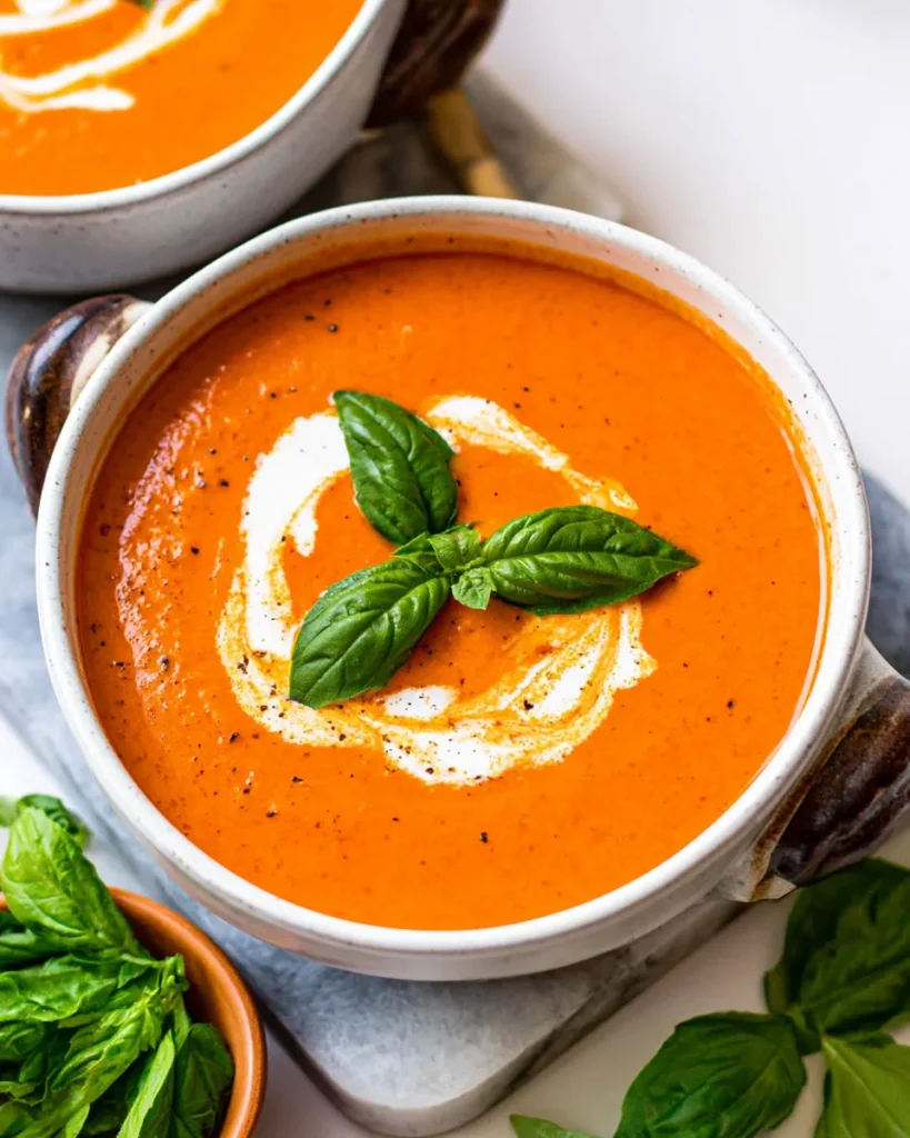 Close-up of a speckled ceramic bowl filled with vibrant orange Roasted Tomato Soup, garnished with a swirl of cream, a sprinkle of black pepper, and a sprig of fresh basil. The bowl sits on a grey stone board with fresh basil leaves nearby.