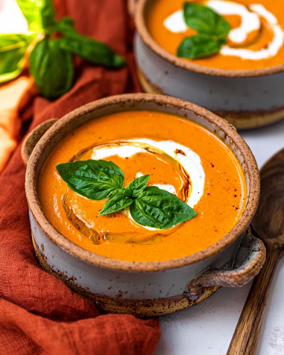 Close-up of a rustic, grey-glazed ceramic bowl filled with vibrant orange tomato soup. The soup is garnished with a swirl of cream, a drizzle of olive oil, and a sprig of fresh basil. The bowl rests partially on a rust-orange linen napkin, with a wooden spoon to the right and a second bowl of soup in the background.