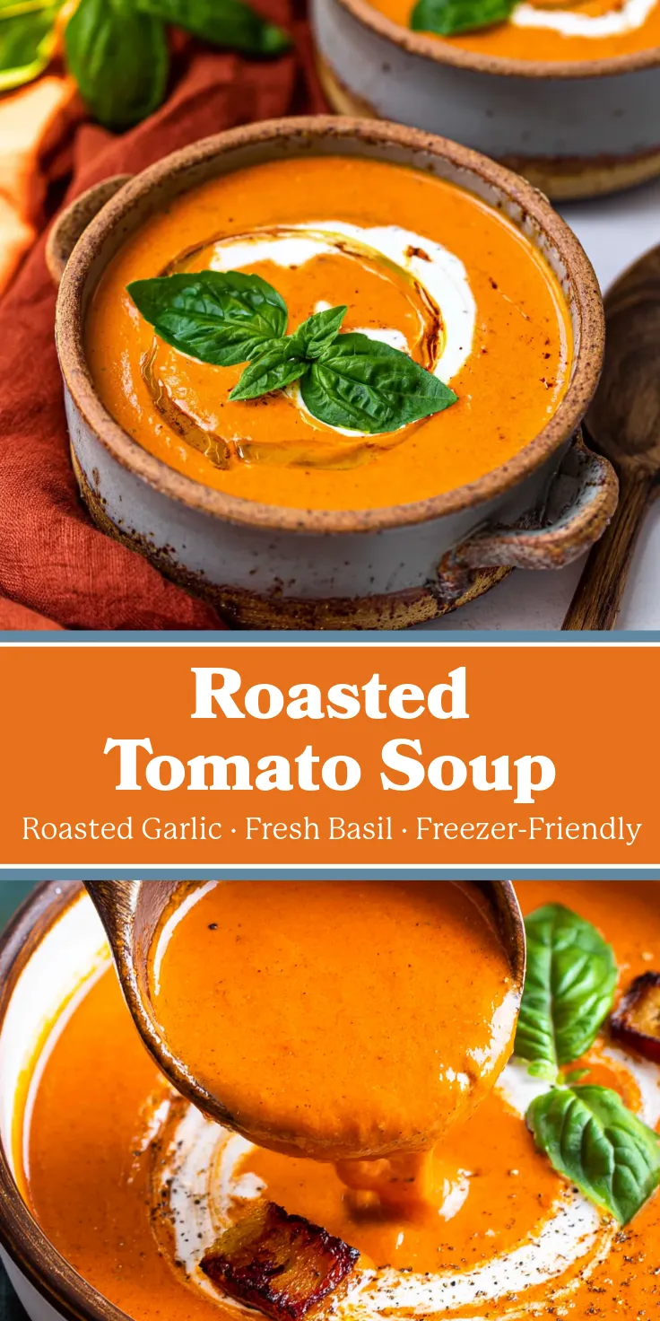 A vertical, three-part collage graphic for a recipe. The top image shows a rustic ceramic bowl of creamy tomato soup garnished with a swirl of cream, olive oil, and fresh basil, set next to a rust-colored cloth and wooden spoon. The middle section is an orange banner with white text reading "Roasted Tomato Soup" and "Roasted Garlic • Fresh Basil • Freezer-Friendly". The bottom image is a close-up action shot of a wooden ladle lifting the creamy soup from a bowl garnished with cream, basil, and toasted croutons.