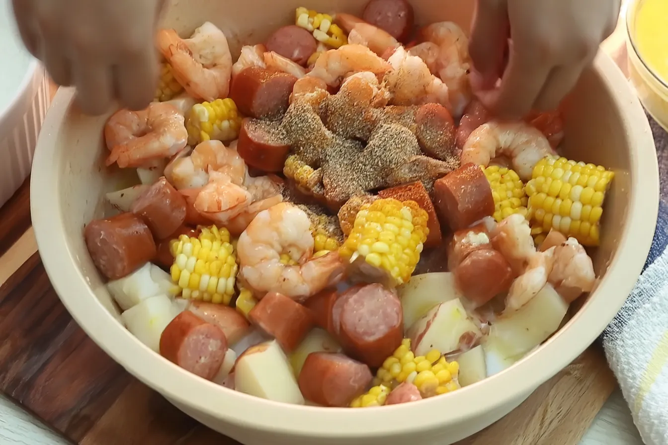 Two hands reaching into a large mixing bowl filled with shrimp, thick slices of smoked sausage, chunks of corn on the cob, and cubed potatoes, all topped with a pile of dry seasoning before being mixed.