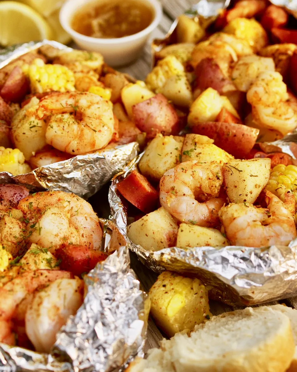 Several opened aluminum foil packets containing cooked shrimp, diced red potatoes, smoked sausage slices, and corn on the cob, all coated in a red spice blend and green herbs. Lemon wedges, a small bowl of dipping sauce, and crusty bread sit in the background.