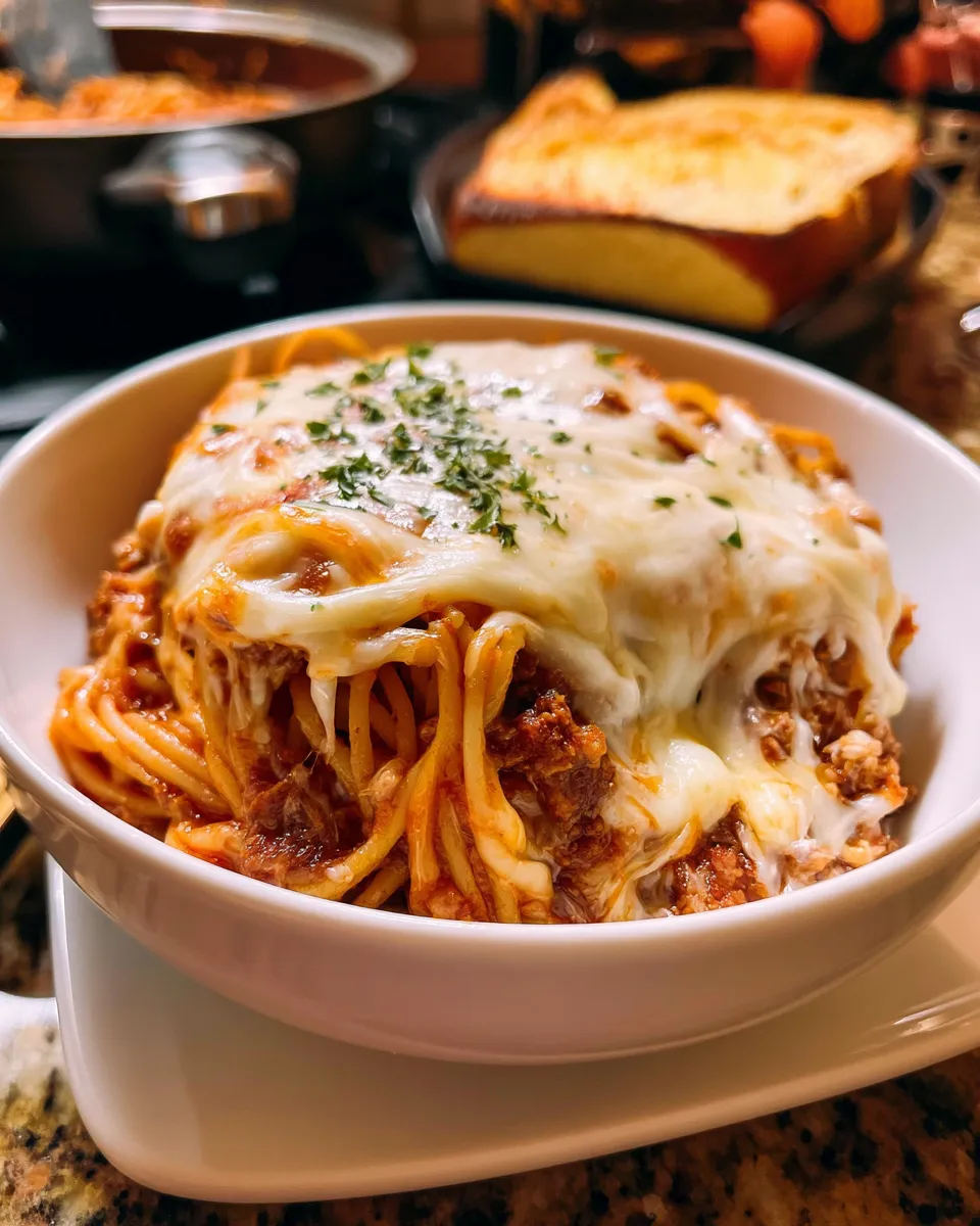 Spaghetti topped with marinara sauce and melted cheese, garnished with parsley in a white bowl.