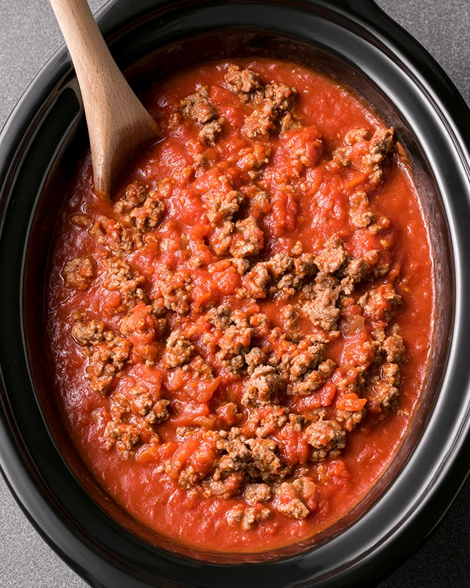 Slow-cooked ground beef in a rich tomato sauce, garnished lightly; deep red, hearty texture; served in a black pot.
