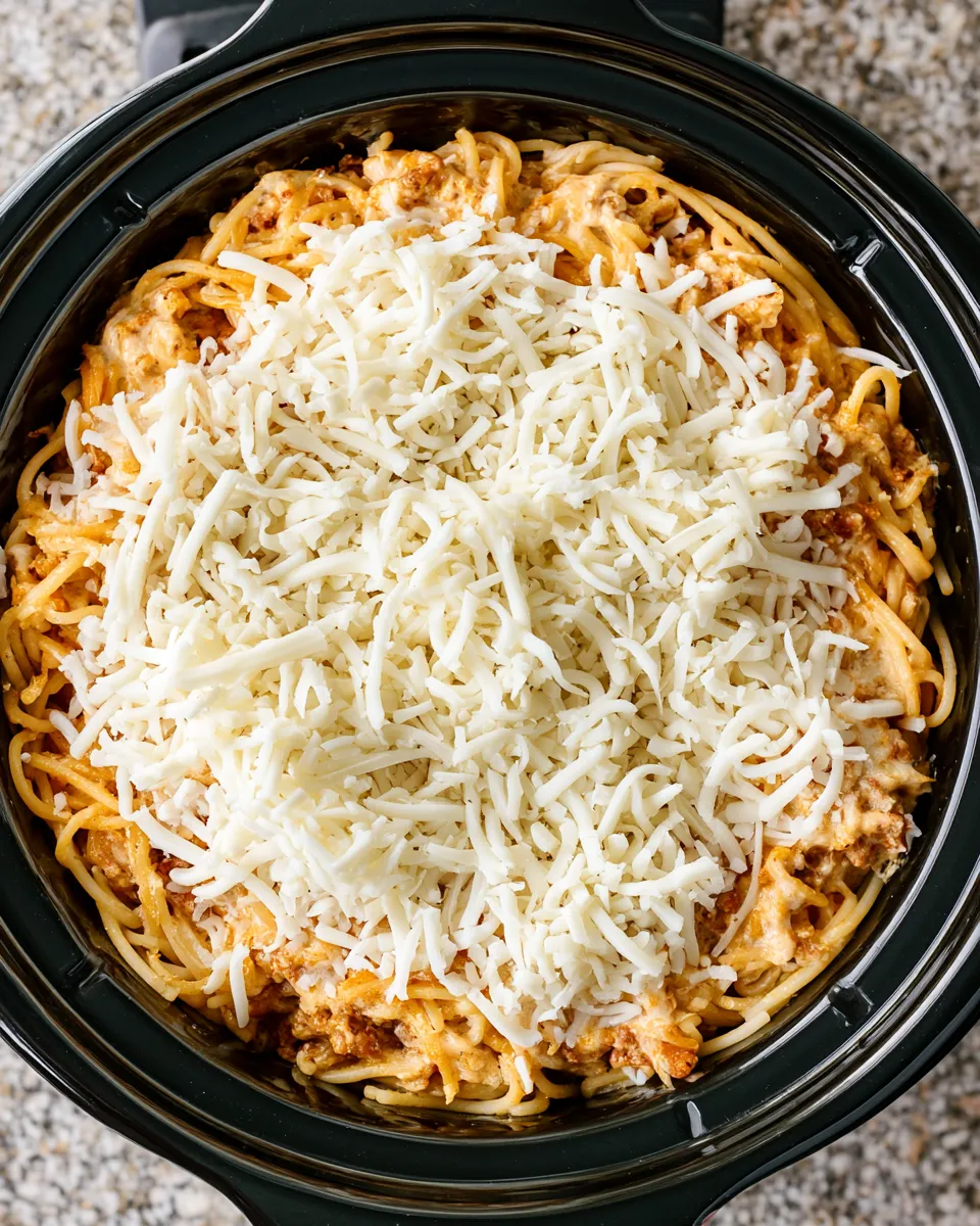 Creamy spaghetti with shredded mozzarella cooked in a slow cooker, golden and bubbly on top, garnished with cheese.