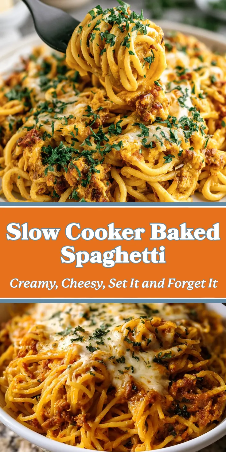 Slow cooker baked spaghetti with creamy cheese, topped with parsley and golden brown edges.
