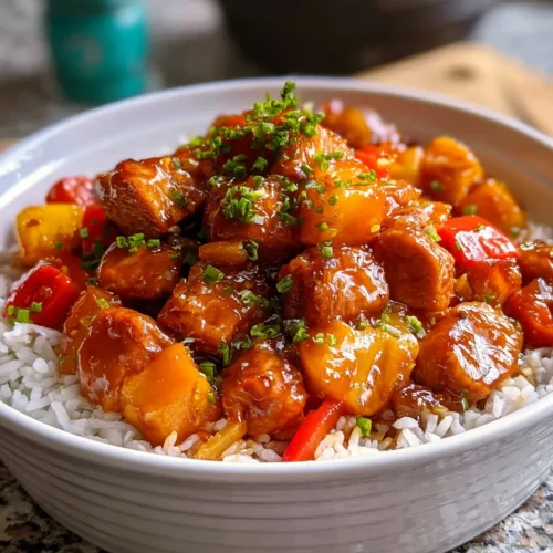 Chicken pieces in a sweet and savory sauce with vegetables on white rice, garnished with chives.