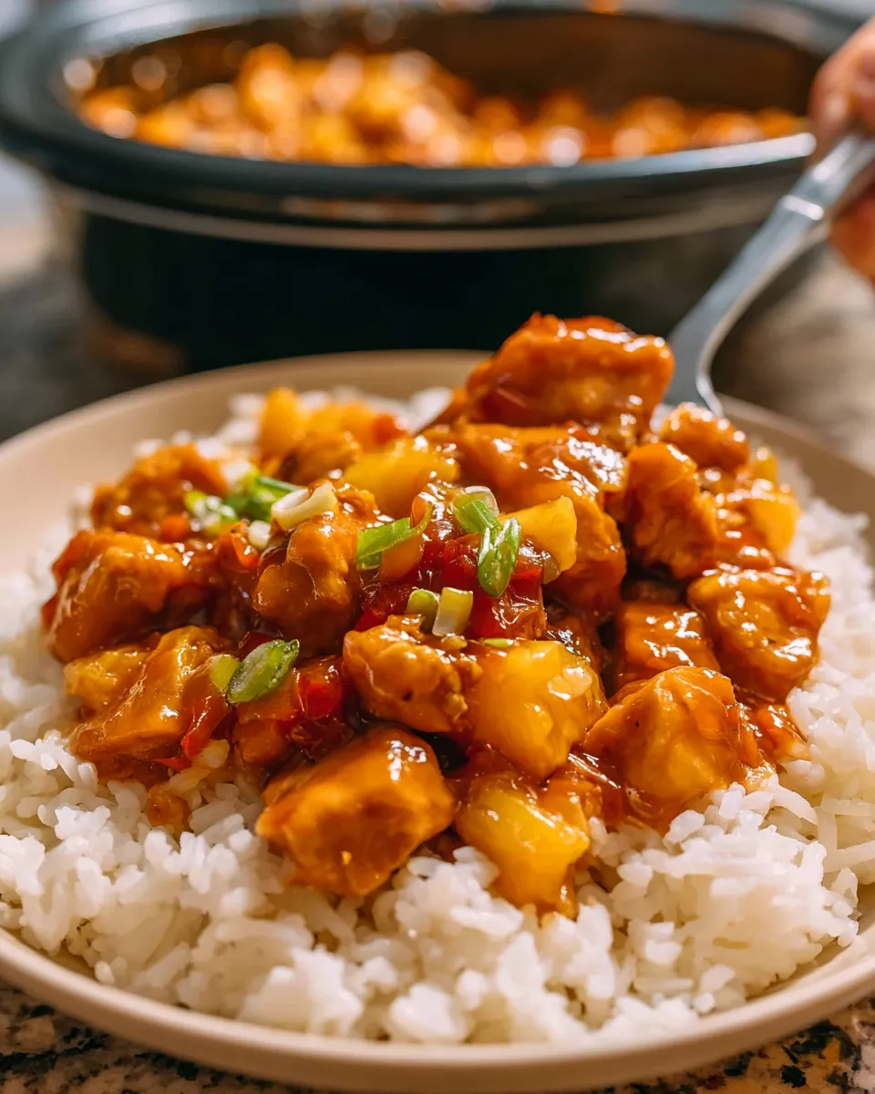 Sweet and sour chicken with chunks of pineapple over fluffy white rice, garnished with green onions.