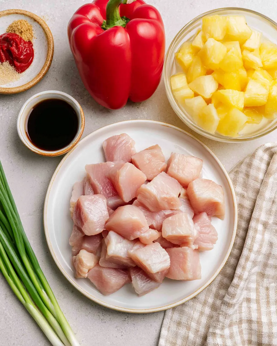 Hawaiian crockpot chicken ingredeints: Chunks of raw chicken breast, diced pineapple, red bell pepper, green onions, soy sauce, and spices on a surface.