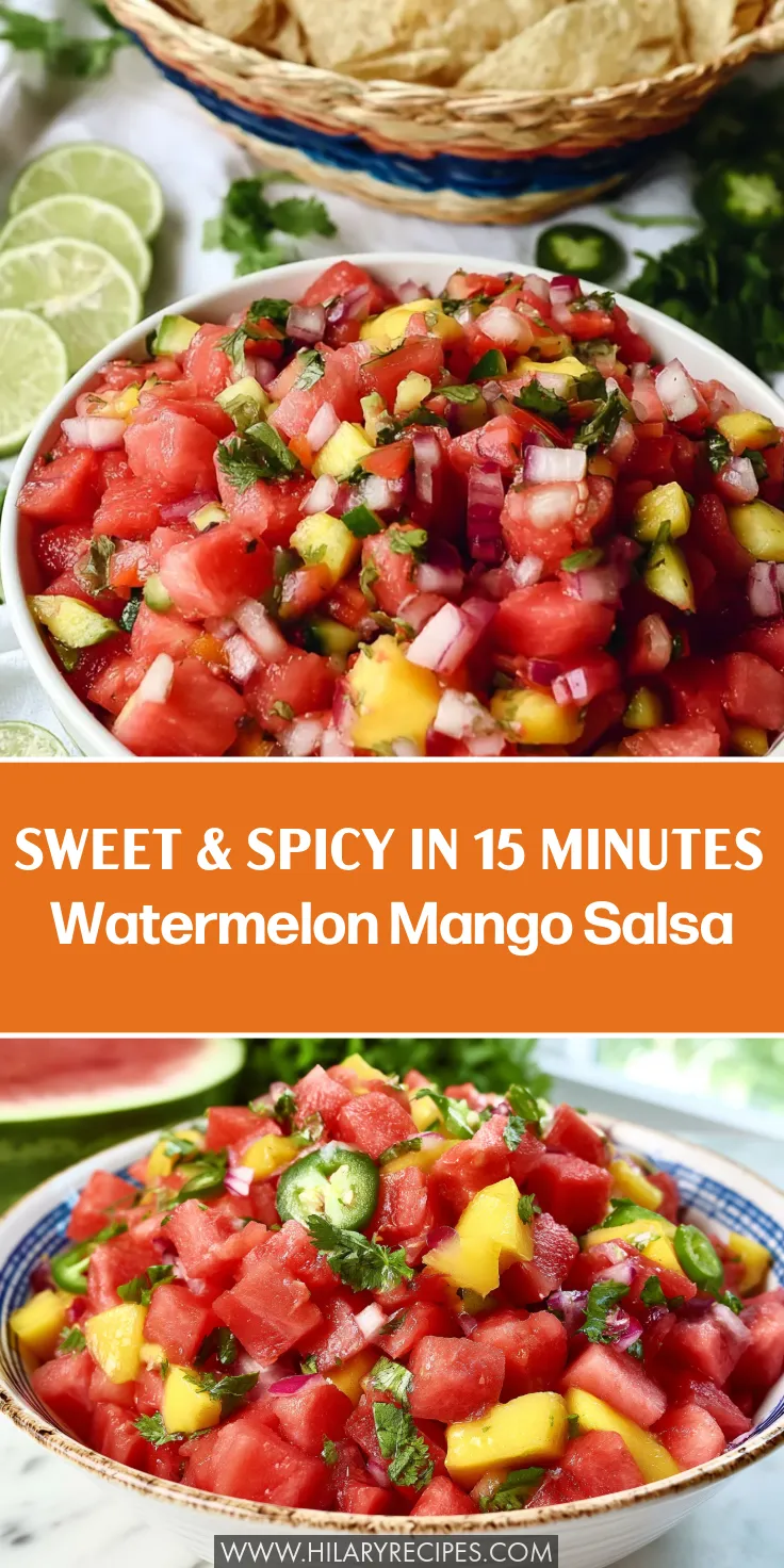 A vertical, three-panel graphic. The top panel shows a bowl of chunky watermelon mango salsa next to sliced limes and a basket of tortilla chips. The middle panel is solid orange with white text reading "SWEET & SPICY IN 15 MINUTES Watermelon Mango Salsa".