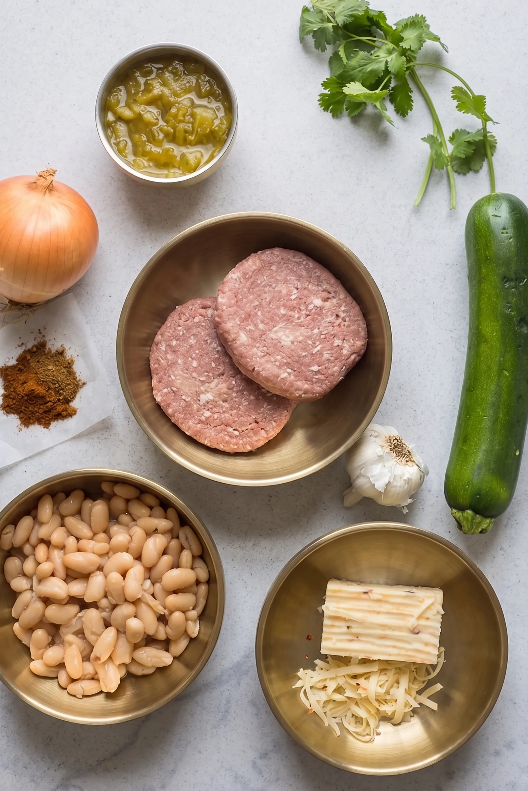 Ingredients for a savory halal dish: ground meat patties, beans, zucchini, spices, onion, garlic, cheese.