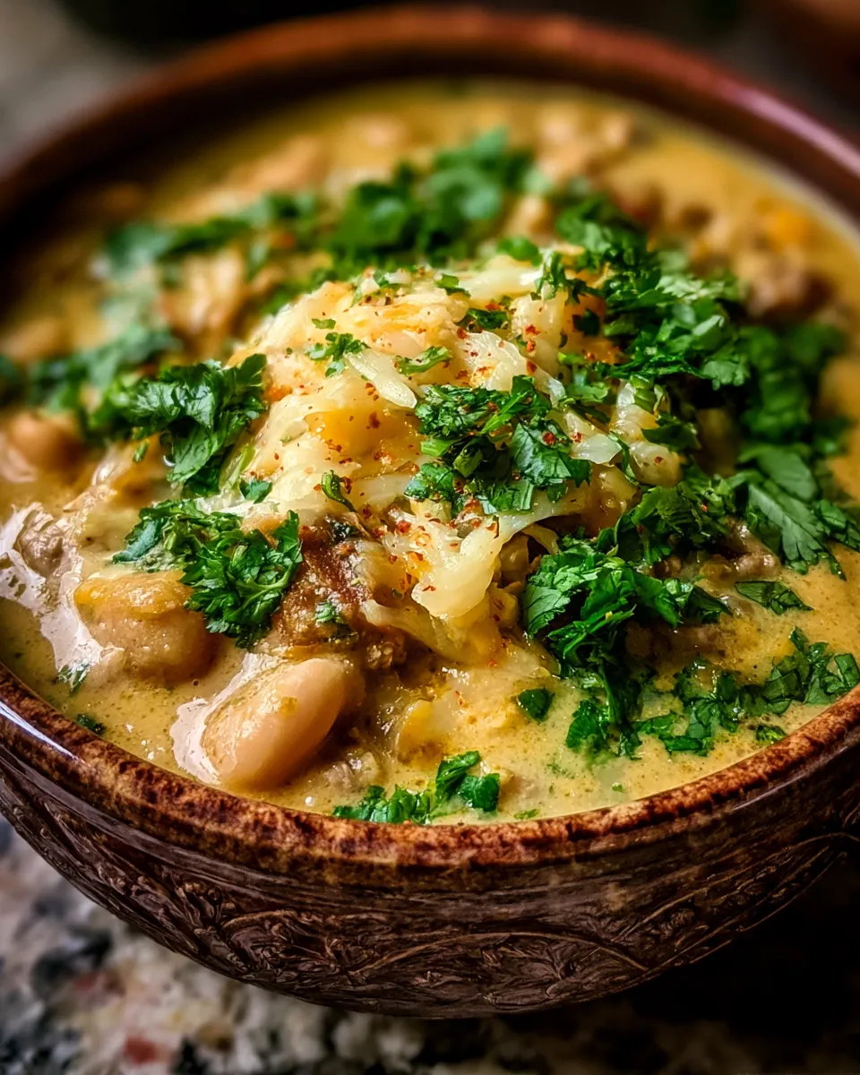 Creamy white bean stew with ground meat, topped with fresh cilantro and shredded onions in a brown bowl.
