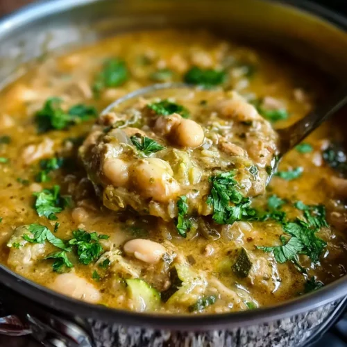 Creamy green bean stew with white beans, garnished with fresh parsley, served in a pot.