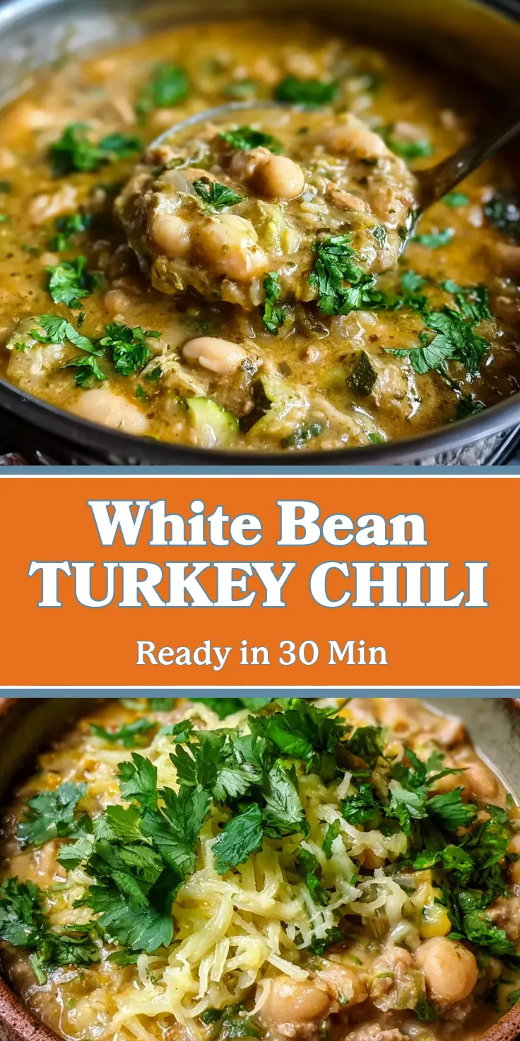 Hearty white bean turkey chili with cilantro, topped with shredded squash, served in a bowl.