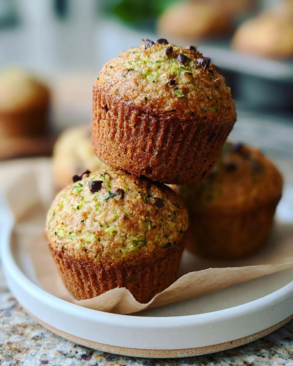 Zucchini muffins topped with chocolate chips, baked until golden brown, served on a white plate.