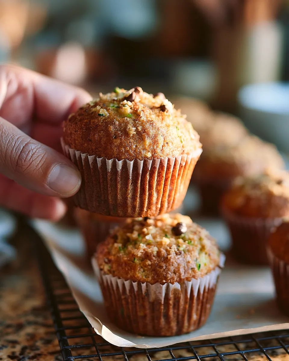 A hand holding a golden brown muffin with a crumbly topping, surrounded by more muffins on a cooling rack.