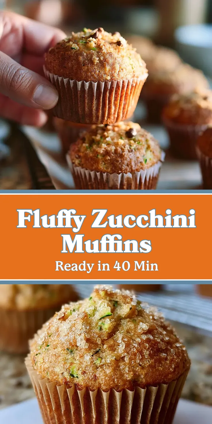 Fluffy zucchini muffins, baked; golden brown with a sugary topping and visible green zucchini flecks.