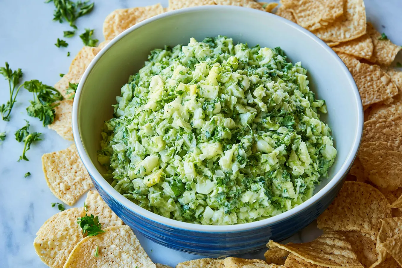 green goddess salad_2 A blue bowl filled with a finely chopped, creamy green salad sits on a white marble surface, completely surrounded by a ring of tortilla chips and scattered fresh herbs.
