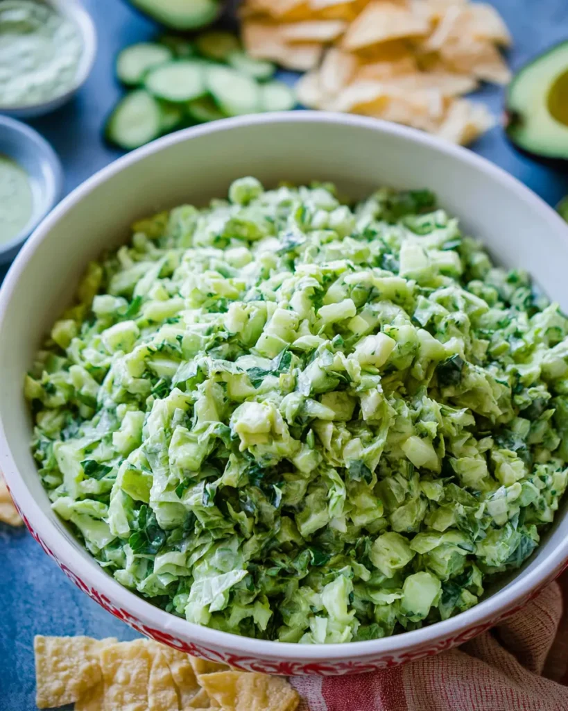 A close-up of a decorative bowl filled with finely chopped green goddess salad mixed with a creamy dressing, surrounded by tortilla chips, with sliced cucumbers and avocado in the blurred background.