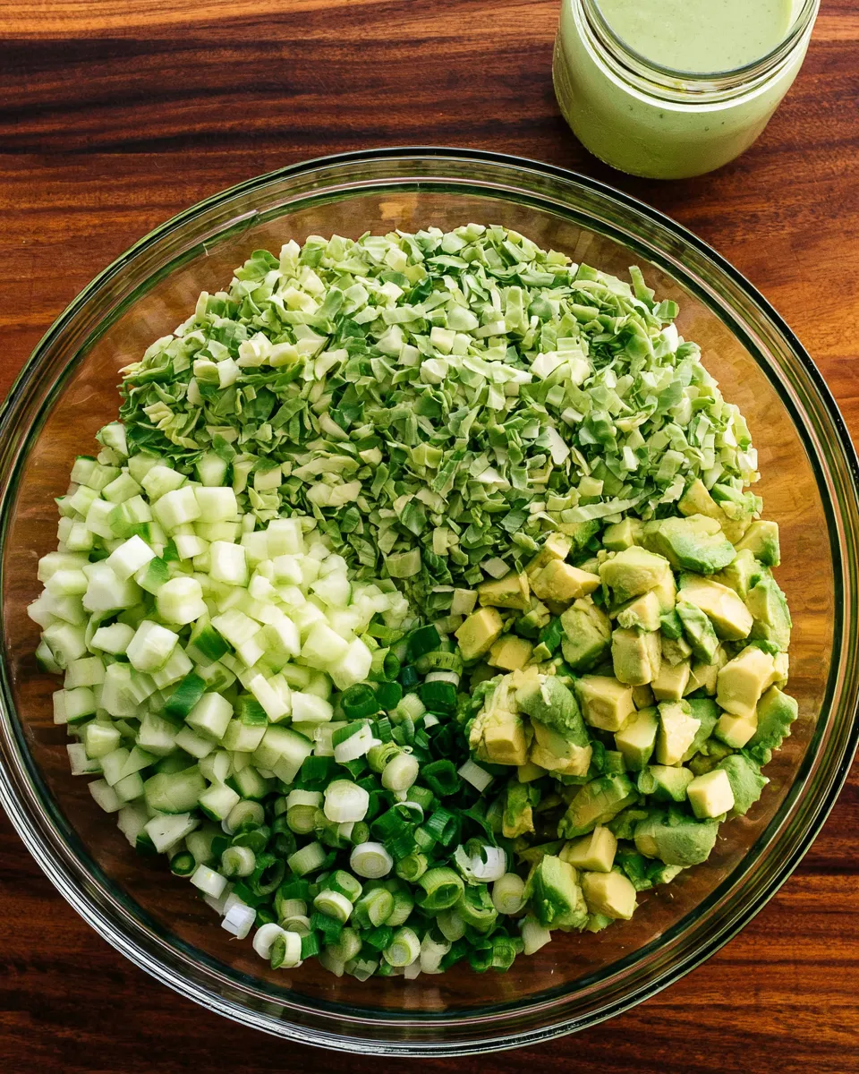 green goddess salad ingredients An overhead view of a large clear glass bowl resting on a wooden table, containing neatly separated piles of chopped green cabbage, diced cucumber, sliced scallions, and diced avocado. A mason jar filled with a creamy green dressing sits in the top right corner.
