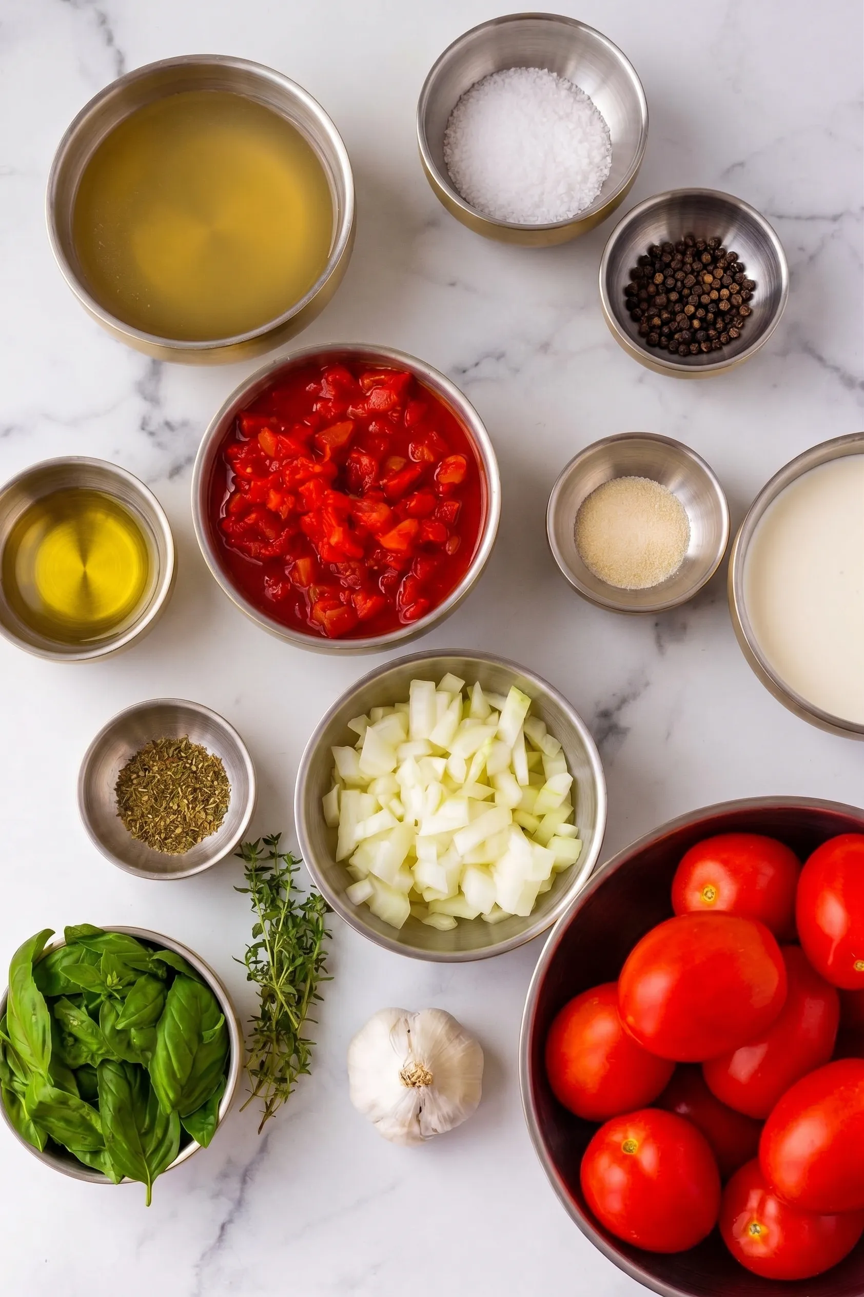 Top-down view of various fresh and pantry ingredients for tomato soup arranged in small metal bowls on a white marble countertop. Visible ingredients include fresh Roma tomatoes, diced tomatoes, chopped onions, a whole head of garlic, fresh basil, thyme sprigs, broth, cream, olive oil, salt, peppercorns, and dried spices.